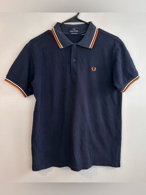Fred Perry Navy Blue and Orange/White Stripe Short Sleeve Pullover Polo Small